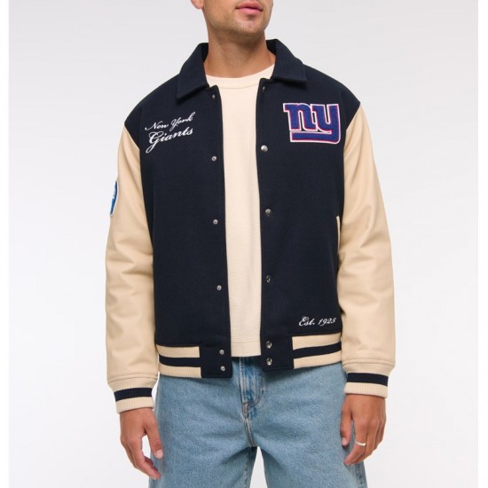 NY Giants Navy and Eggshell Varsity Bomber Jacket NY Giants Navy and Eggshell Varsity Bomber Jacket