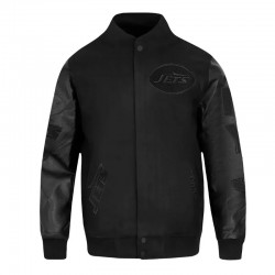 NY Jets Triple Black Varsity Wool and Leather Jacket 