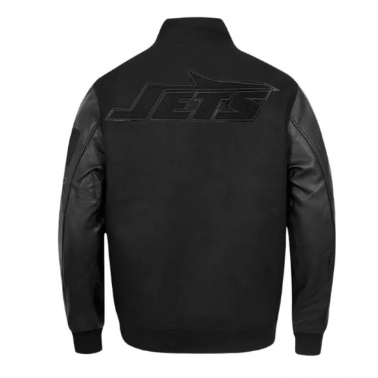 NY Jets Triple Black Varsity Wool and Leather Jacket NY Jets Triple Black Varsity Wool and Leather Jacket