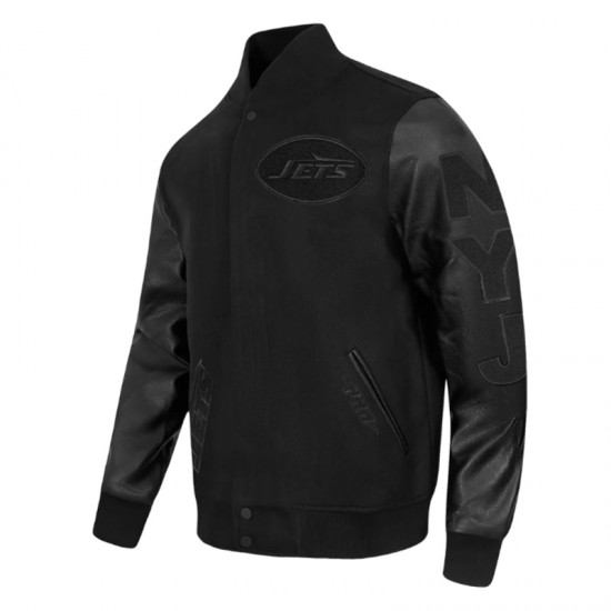 NY Jets Triple Black Varsity Wool and Leather Jacket NY Jets Triple Black Varsity Wool and Leather Jacket