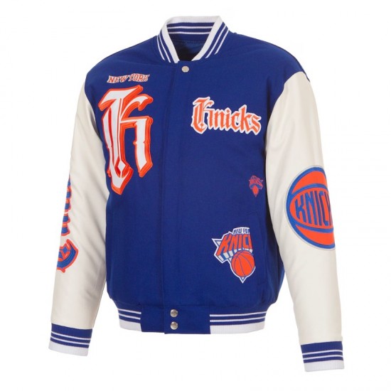 NY Knicks Gothic Varsity Wool/Leather Blue and White Jacket NY Knicks Gothic Varsity Wool/Leather Blue and White Jacket