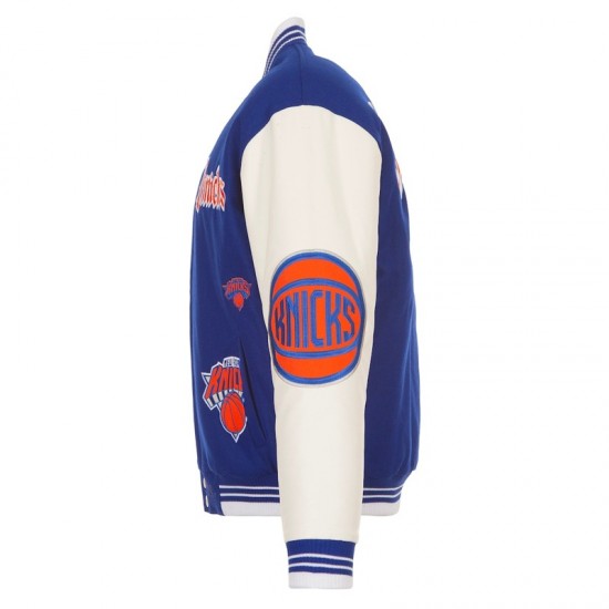 NY Knicks Gothic Varsity Wool/Leather Blue and White Jacket NY Knicks Gothic Varsity Wool/Leather Blue and White Jacket