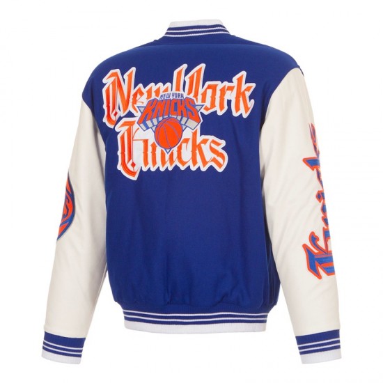 NY Knicks Gothic Varsity Wool/Leather Blue and White Jacket NY Knicks Gothic Varsity Wool/Leather Blue and White Jacket