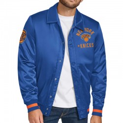 NY Knicks Stitch Applique Blue Satin Jacket