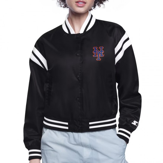 NY Mets Printed Logo Black Varsity Satin Jacket NY Mets Printed Logo Black Varsity Satin Jacket