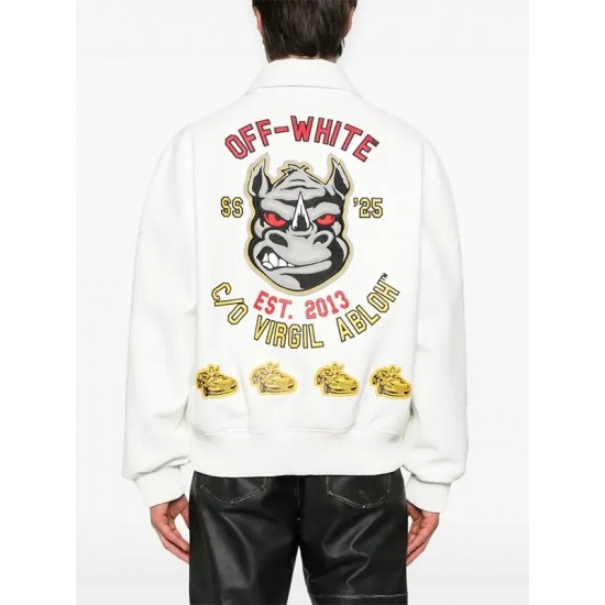 Off-White Rhino Real Leather White Varsity Jacket Off-White Rhino Real Leather White Varsity Jacket
