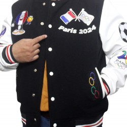 Paris 2024 France Olympics Black Wool White Leather Varsity Jacket Paris 2024 France Olympics Black Wool White Leather Varsity Jacket