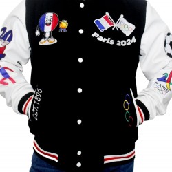 Paris 2024 France Olympics Black Wool White Leather Varsity Jacket 
