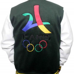 Paris 2024 France Olympics Green Wool White Leather Varsity Jacket