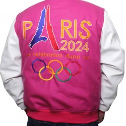 Paris 2024 France Olympics Pink Wool White Leather Varsity jacket