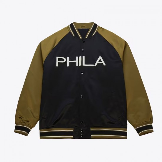 Philadelphia 76ers Black/Olive Satin Double Clutch Jacket Philadelphia 76ers Black/Olive Satin Double Clutch Jacket