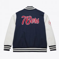 Philadelphia 76ers Navy and White Fleece Varsity Jacket Philadelphia 76ers Navy and White Fleece Varsity Jacket