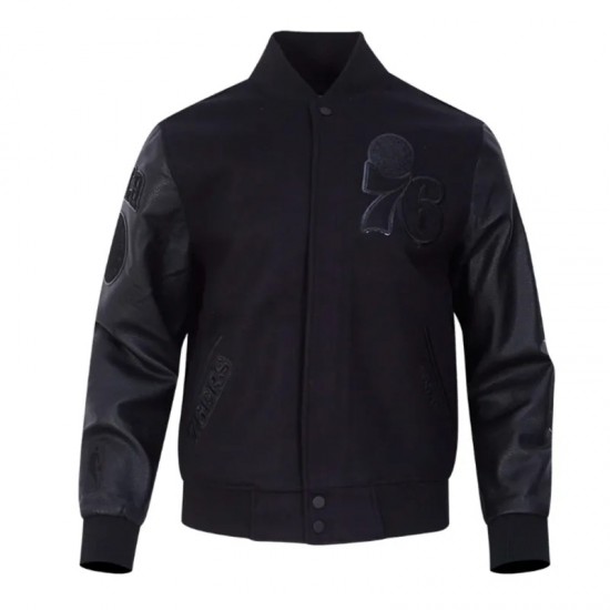 Philadelphia 76ers Triple Black Varsity Jacket Wool and Leather Philadelphia 76ers Triple Black Varsity Jacket Wool and Leather