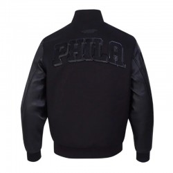 Philadelphia 76ers Triple Black Varsity Jacket Wool and Leather Philadelphia 76ers Triple Black Varsity Jacket Wool and Leather