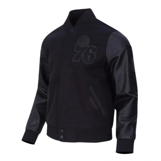 Philadelphia 76ers Triple Black Varsity Jacket Wool and Leather Philadelphia 76ers Triple Black Varsity Jacket Wool and Leather