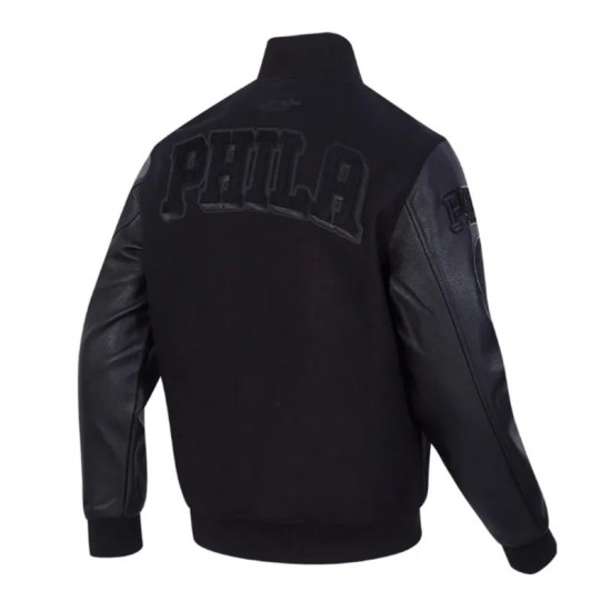 Philadelphia 76ers Triple Black Varsity Jacket Wool and Leather Philadelphia 76ers Triple Black Varsity Jacket Wool and Leather