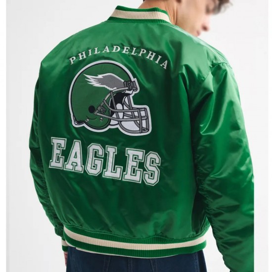 Philadelphia Eagles Green Varsity Bomber Satin Jacket Philadelphia Eagles Green Varsity Bomber Satin Jacket