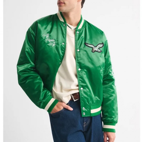 Philadelphia Eagles Green Varsity Bomber Satin Jacket Philadelphia Eagles Green Varsity Bomber Satin Jacket