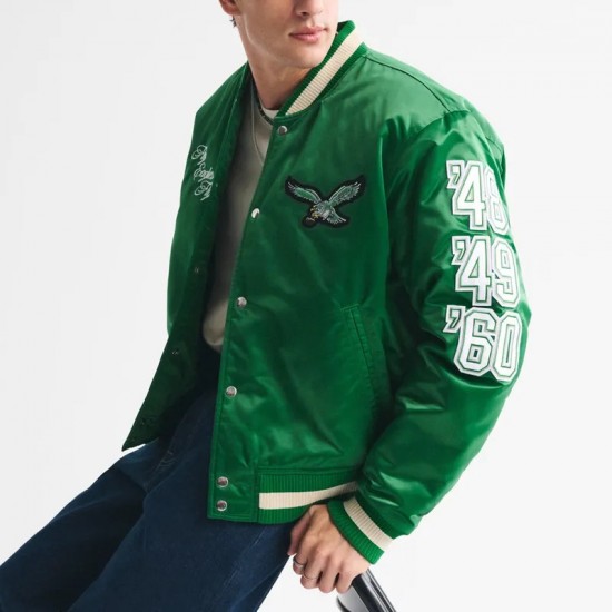 Philadelphia Eagles Green Varsity Bomber Satin Jacket Philadelphia Eagles Green Varsity Bomber Satin Jacket