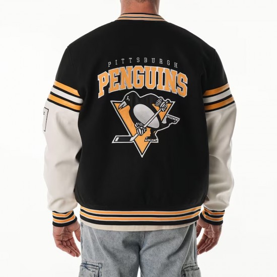 Pittsburgh Penguins Drop Shoulder Varsity Wool/Leather Jacket Pittsburgh Penguins Drop Shoulder Varsity Wool/Leather Jacket