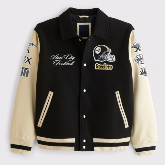 Pittsburgh Steelers Black and Eggshell Varsity Bomber Jacket Pittsburgh Steelers Black and Eggshell Varsity Bomber Jacket