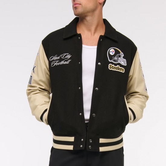 Pittsburgh Steelers Black and Eggshell Varsity Bomber Jacket Pittsburgh Steelers Black and Eggshell Varsity Bomber Jacket