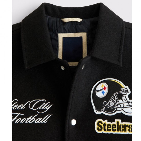 Pittsburgh Steelers Black and Eggshell Varsity Bomber Jacket Pittsburgh Steelers Black and Eggshell Varsity Bomber Jacket