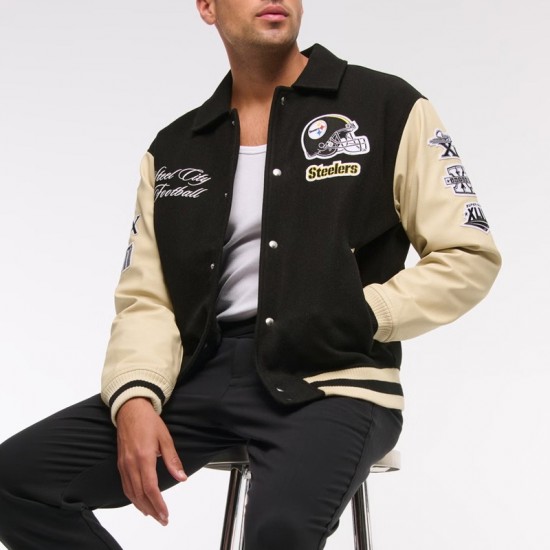 Pittsburgh Steelers Black and Eggshell Varsity Bomber Jacket Pittsburgh Steelers Black and Eggshell Varsity Bomber Jacket