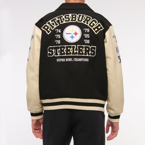 Pittsburgh Steelers Black and Eggshell Varsity Bomber Jacket Pittsburgh Steelers Black and Eggshell Varsity Bomber Jacket