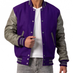 Purple Body & Grey Leather Sleeves Letterman