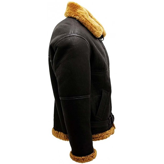 Men’s RAF Real Shearling Sheepskin Flying Leather Jacket with Ginger Fur