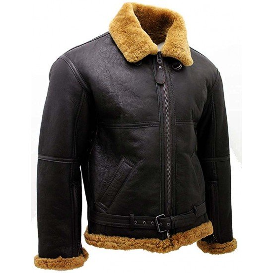 Men’s RAF Real Shearling Sheepskin Flying Leather Jacket with Ginger Fur