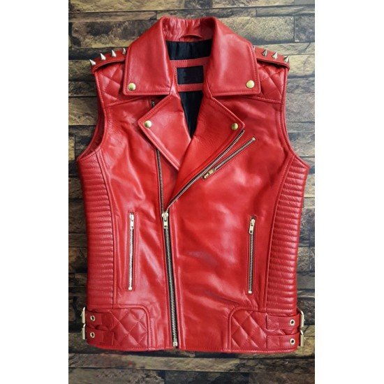 Men's Red Leather Biker Vest