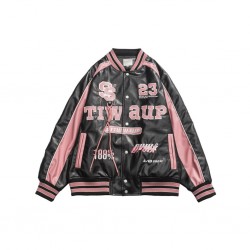 Retro Y2K Pink and Black Embroidered American Vintage Leather Bomber Jacket Retro Y2K Pink and Black Embroidered American Vintage Leather Bomber Jacket