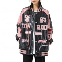 Retro Y2K Pink and Black Embroidered American Vintage Leather Bomber Jacket Retro Y2K Pink and Black Embroidered American Vintage Leather Bomber Jacket