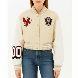 Rita Ora Elvis Duran Show Varsity Jacket - Cream Wool & Leather Rita Ora Elvis Duran Show Varsity Jacket - Cream Wool & Leather
