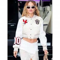 Rita Ora Elvis Duran Show Varsity Jacket - Cream Wool & Leather Rita Ora Elvis Duran Show Varsity Jacket - Cream Wool & Leather