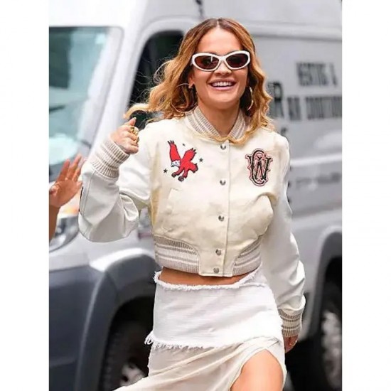 Rita Ora Elvis Duran Show Varsity Jacket - Cream Wool & Leather