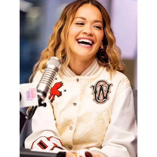 Rita Ora Elvis Duran Show Varsity Jacket - Cream Wool & Leather