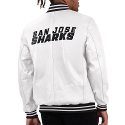 San Jose Sharks Black Ice Varsity White Leather Jacket San Jose Sharks Black Ice Varsity White Leather Jacket
