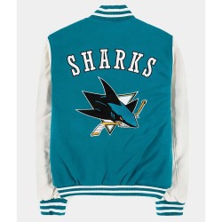 San Jose Sharks Teal and White Varsity Jacket San Jose Sharks Teal and White Varsity Jacket