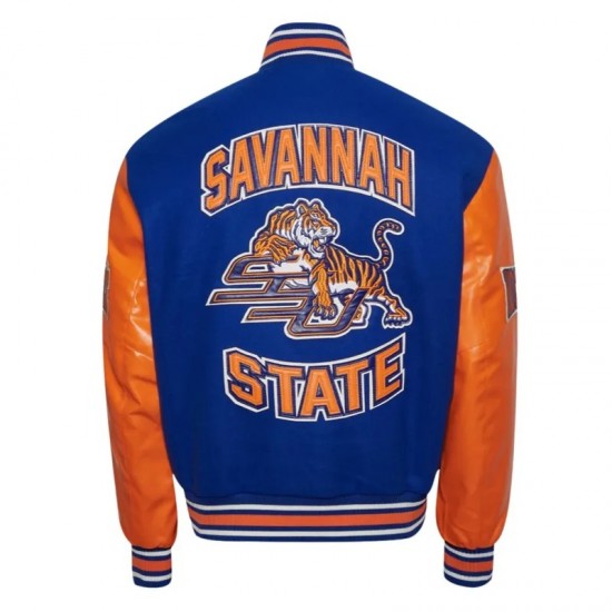 Savannah State University Blue and Orange Wool Leather Letterman Jacket Savannah State University Blue and Orange Wool Leather Letterman Jacket