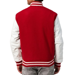 Scarlet Wool Body & White Leather Sleeves Letterman Jacket With Zipper Scarlet Wool Body & White Leather Sleeves Letterman Jacket With Zipper