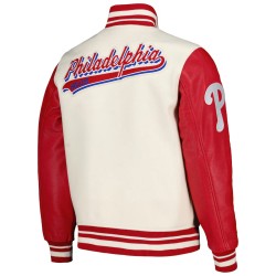 Script Tail Philadelphia Phillies Cream and Red Varsity Jacket Script Tail Philadelphia Phillies Cream and Red Varsity Jacket