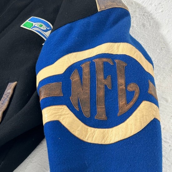 Seattle Seahawks Black and Royal Varsity Wool/Leather Jacket