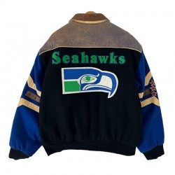 Seattle Seahawks Black and Royal Varsity Wool/Leather Jacket