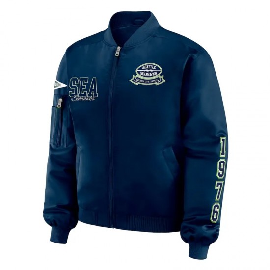 Seattle Seahawks Navy Patch Full-Zip Bomber Jacket Seattle Seahawks Navy Patch Full-Zip Bomber Jacket