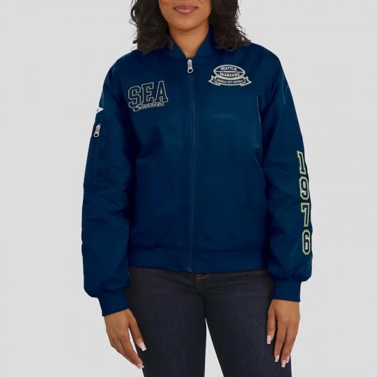 Seattle Seahawks Navy Patch Full-Zip Bomber Jacket Seattle Seahawks Navy Patch Full-Zip Bomber Jacket