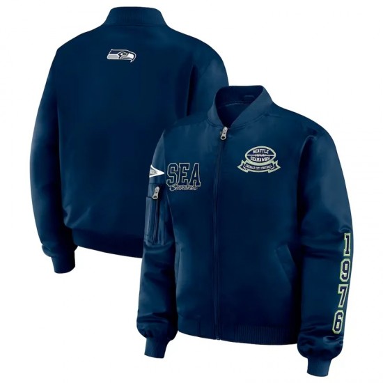 Seattle Seahawks Navy Patch Full-Zip Bomber Jacket Seattle Seahawks Navy Patch Full-Zip Bomber Jacket