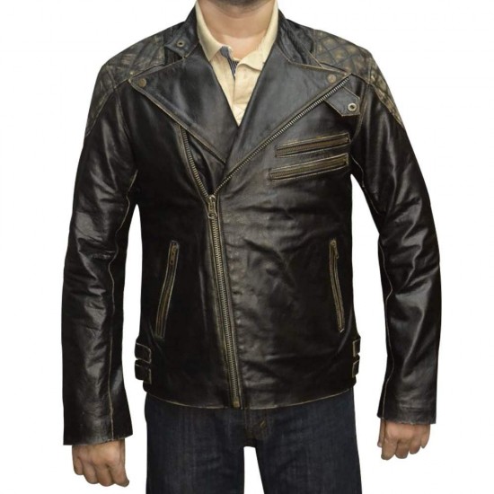 NEW Men’s Biker Reinforced Vintage Distressed Black with Skull Leather Jacket